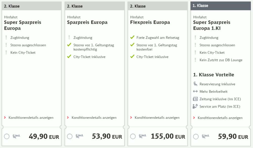 Preisünbersicht von bahn.de - Super Sparpreise Europa