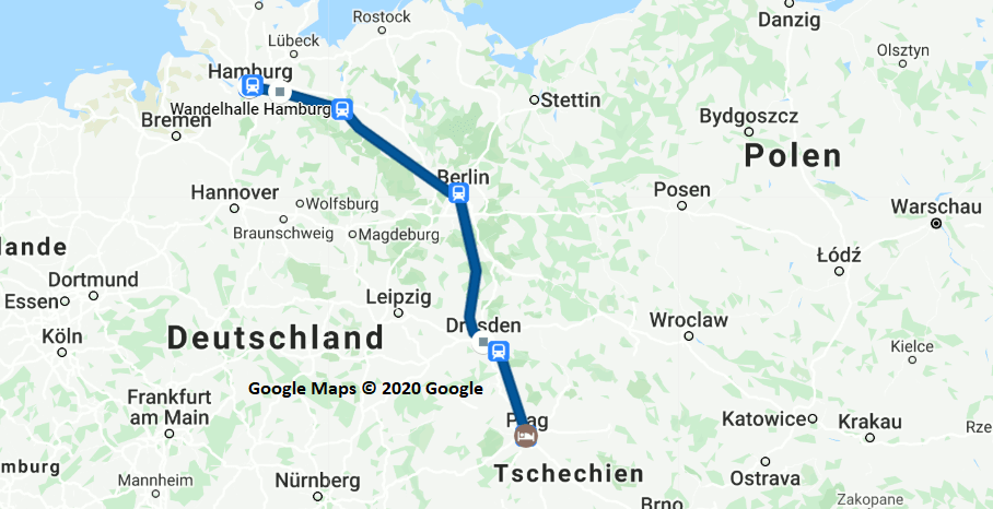 Zugfahrt von Hamburg nach Prag in der Timeline von Google